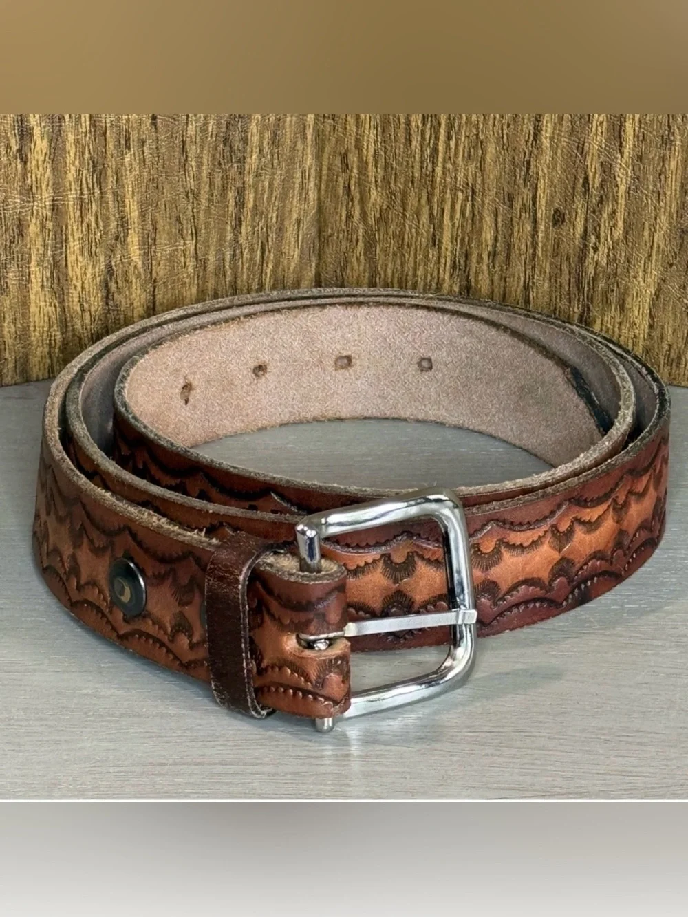 Western Tooled Brown Leather Cowboy Belt Size 45 Made In USA Scrollwork